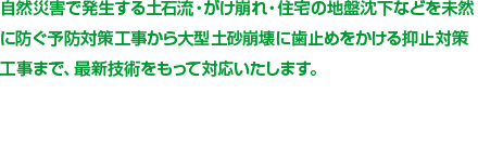 自然災害で発生する土石流・がけ崩れ・住宅の地盤沈下などを未然に防ぐ予防対策工事から大型土砂崩壊に歯止めをかける抑止対策工事まで、最新技術をもって対応いたします。
