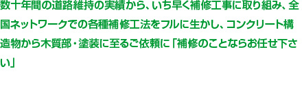 数十年間の道路維持の実績から、いち早く補修工事に取り組み、全国ネットワークでの各種補修工法をフルに生かし、コンクリート構造物から木質部・塗装に至るご依頼に「補修のことならお任せ下さい」